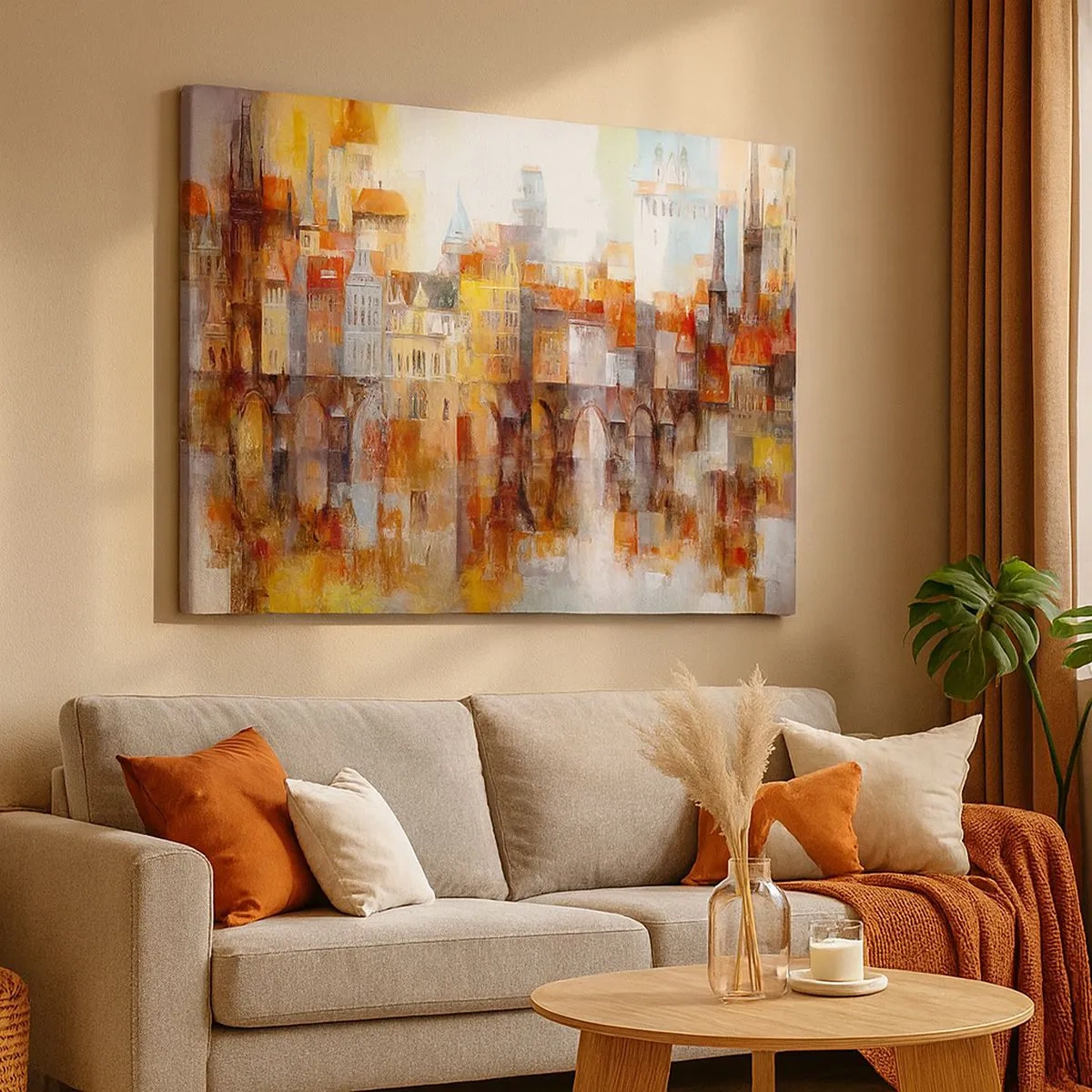 Impression sur toile - Image sur toile - Un panorama pittoresque de la ville avec un pont aux couleurs d'automne - 70x50cm - C'est aussi beau sous le pont - Décoration murale moderne pour le salon et la chambre ARTTOR