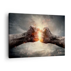 Impression sur toile - Image sur toile - Poings serrés dans une scène d'incendie dynamique - 70x50cm - Lève-toi pour le combat - Décoration murale moderne pour le salon et la chambre ARTTOR