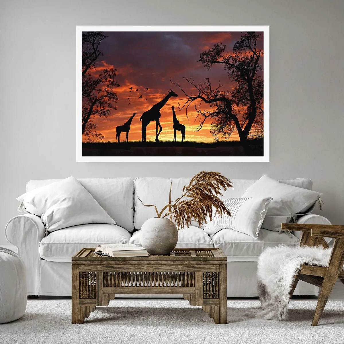 Affiche - Poster - Silhouettes de girafes sur fond de coucher de soleil africain - 100x70cm - Un petit dîner avec vos proches - Décoration murale moderne pour le salon et la chambre ARTTOR