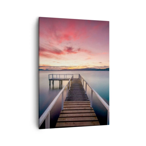 Impression sur toile - Image sur toile - Une jetée menant à un lac tranquille au coucher du soleil - 50x70cm - La douce flamme du soir - Décoration murale moderne pour le salon et la chambre ARTTOR