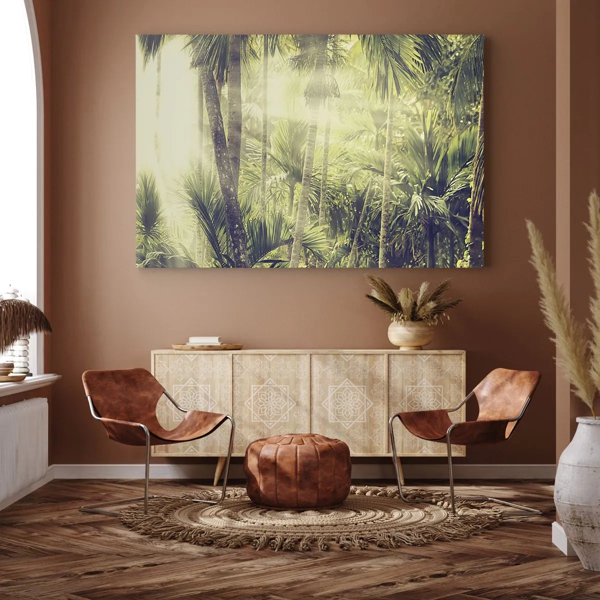 Impression sur toile - Image sur toile - Rayons de soleil dans une forêt tropicale de palmiers - 120x80cm - Nature enflammée - Décoration murale moderne pour le salon et la chambre ARTTOR