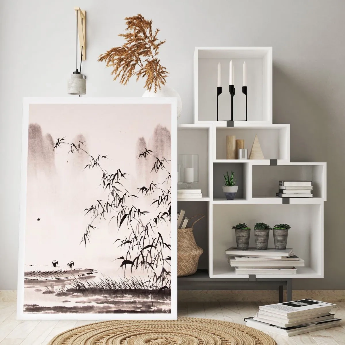 Affiche - Poster - Un paysage minimaliste avec du bambou dans un style oriental. - 50x70cm - Le silence des rizières - Décoration murale moderne pour le salon et la chambre ARTTOR