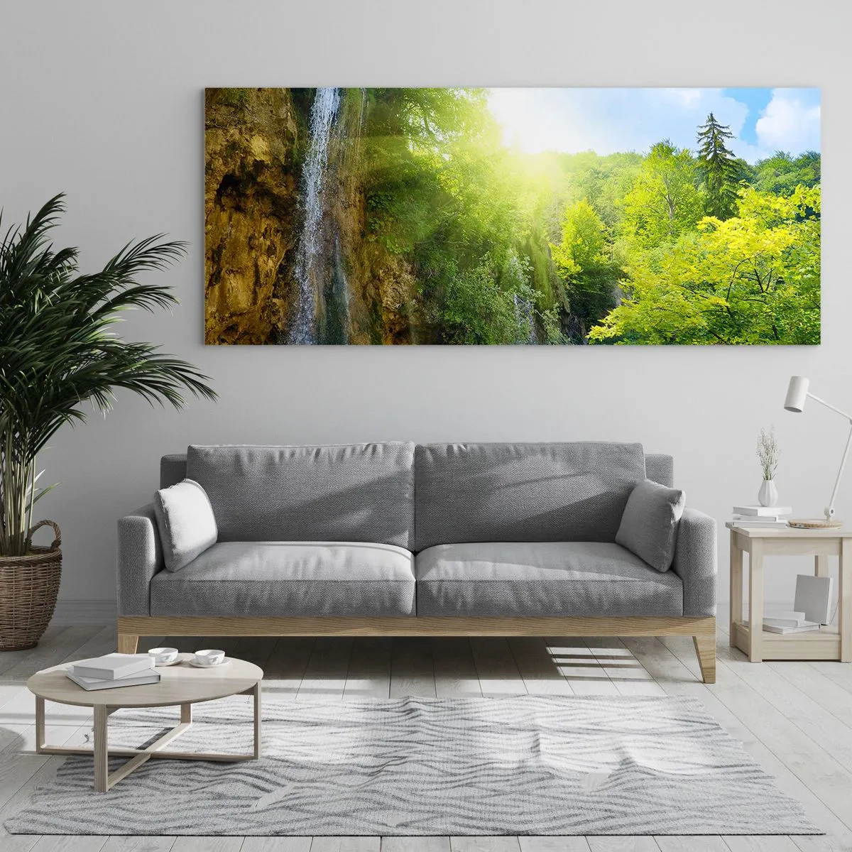 Impression sur verre - Image sur verre - Une cascade se jetant dans un lac turquoise entouré de verdure - 120x50cm - Ce doit être le paradis ici - Décoration murale moderne pour le salon et la chambre ARTTOR