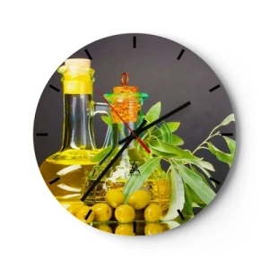 Horloge murale - Pendule murale - Olives et carafes d'huile d'olive sur fond de feuilles - 30x30cm - Nature morte aux olives et à l'huile d'olive - Décoration murale moderne pour le salon, la cuisine et la chambre ARTTOR