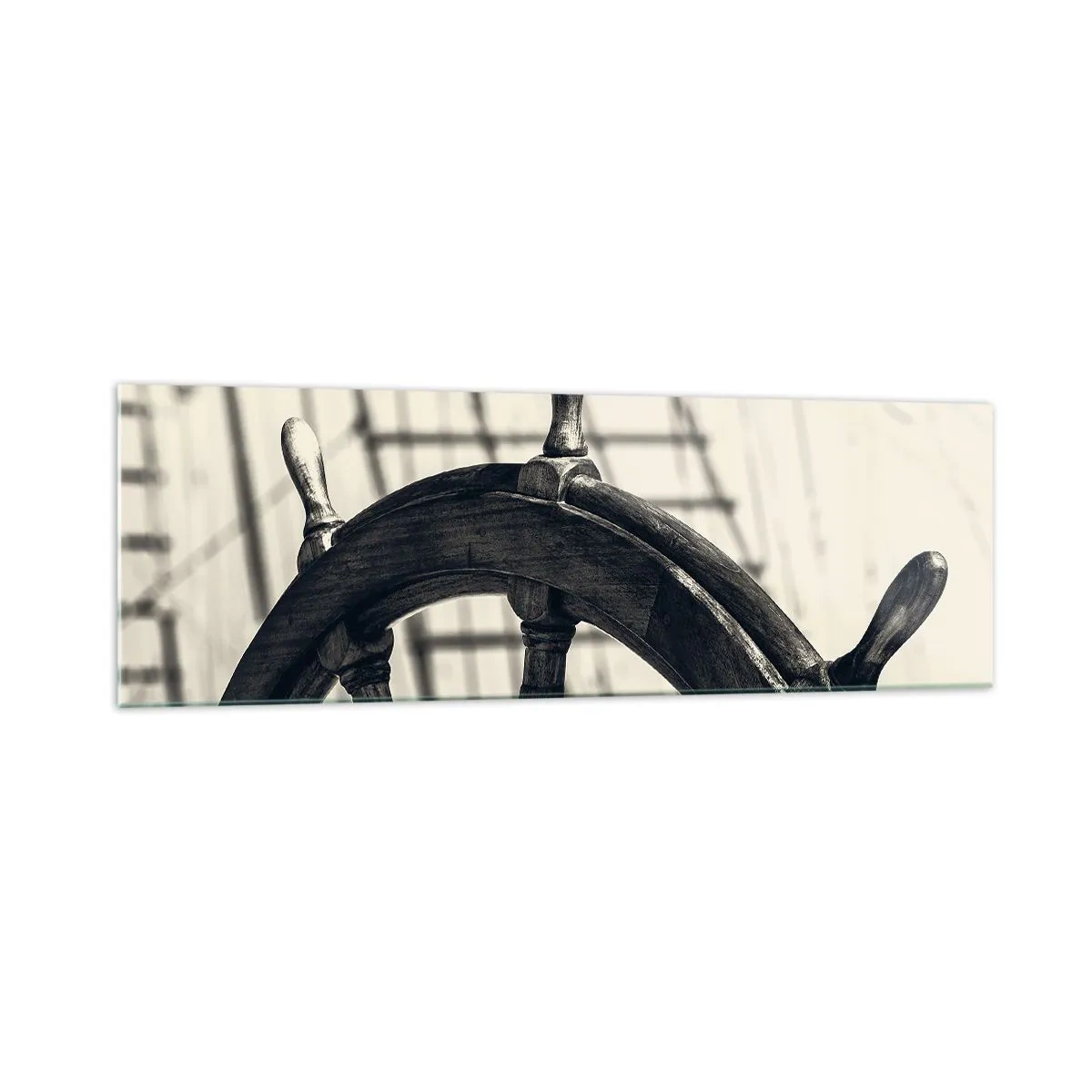 Impression sur verre - Image sur verre - Un gouvernail de style rétro avec un navire en arrière-plan - 160x50cm - Histoires de mer - Décoration murale moderne pour le salon et la chambre ARTTOR