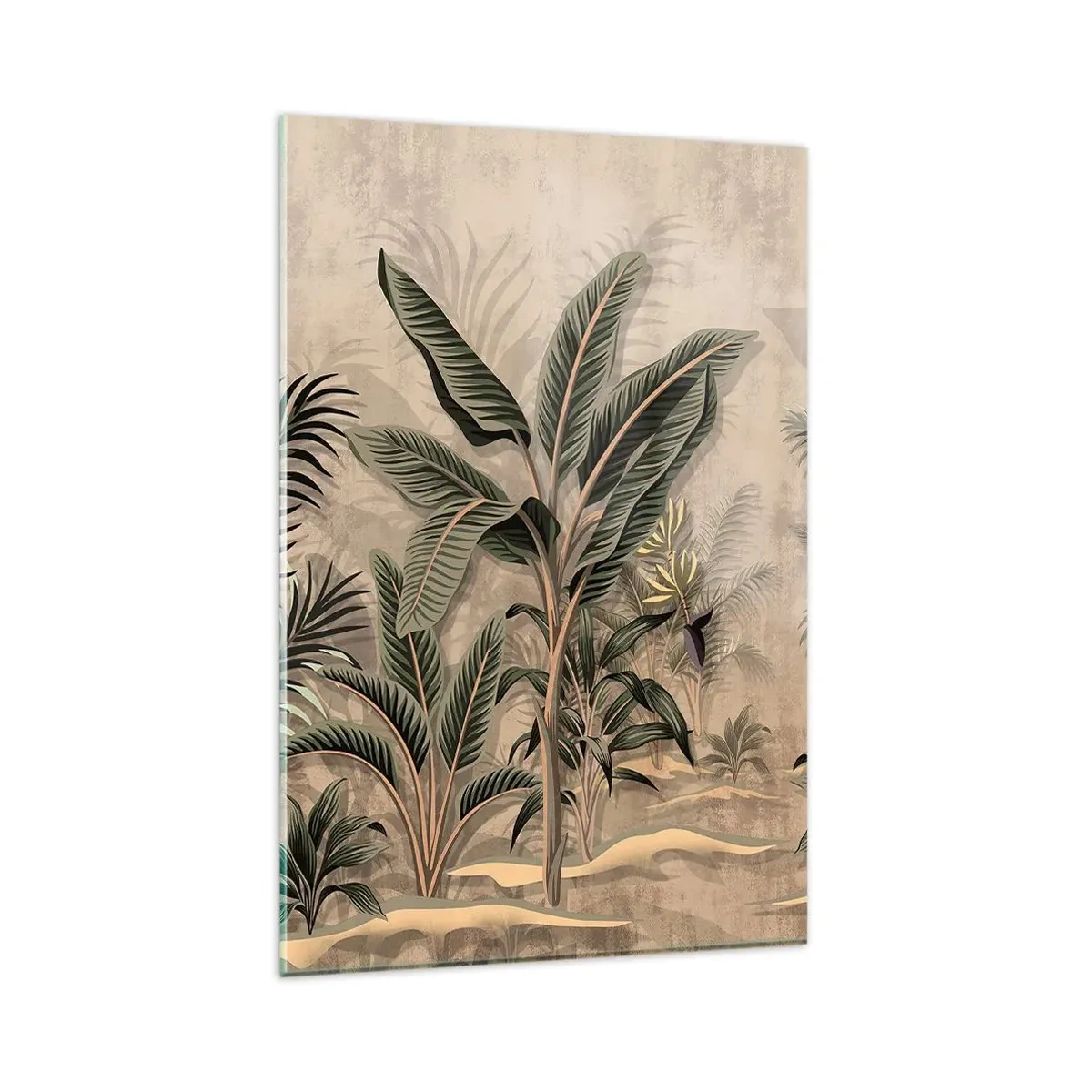 Impression sur verre - Image sur verre - Palmiers et végétation tropicale dans des tons verts sur fond beige - 80x120cm - Une gravure de style colonial - Décoration murale moderne pour le salon et la chambre ARTTOR