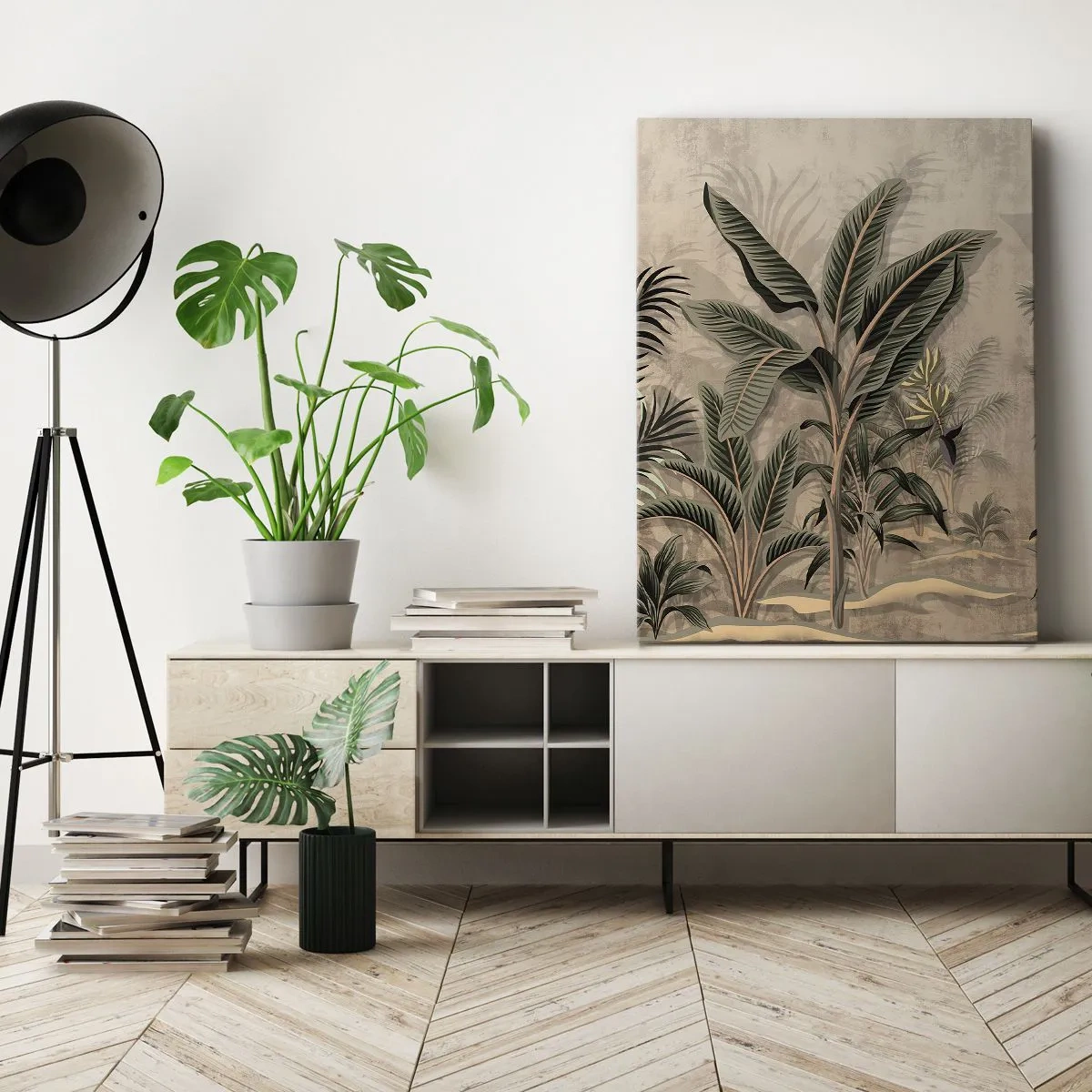 Impression sur toile - Image sur toile - Palmiers et végétation tropicale dans des tons verts sur fond beige - 80x120cm - Une gravure de style colonial - Décoration murale moderne pour le salon et la chambre ARTTOR