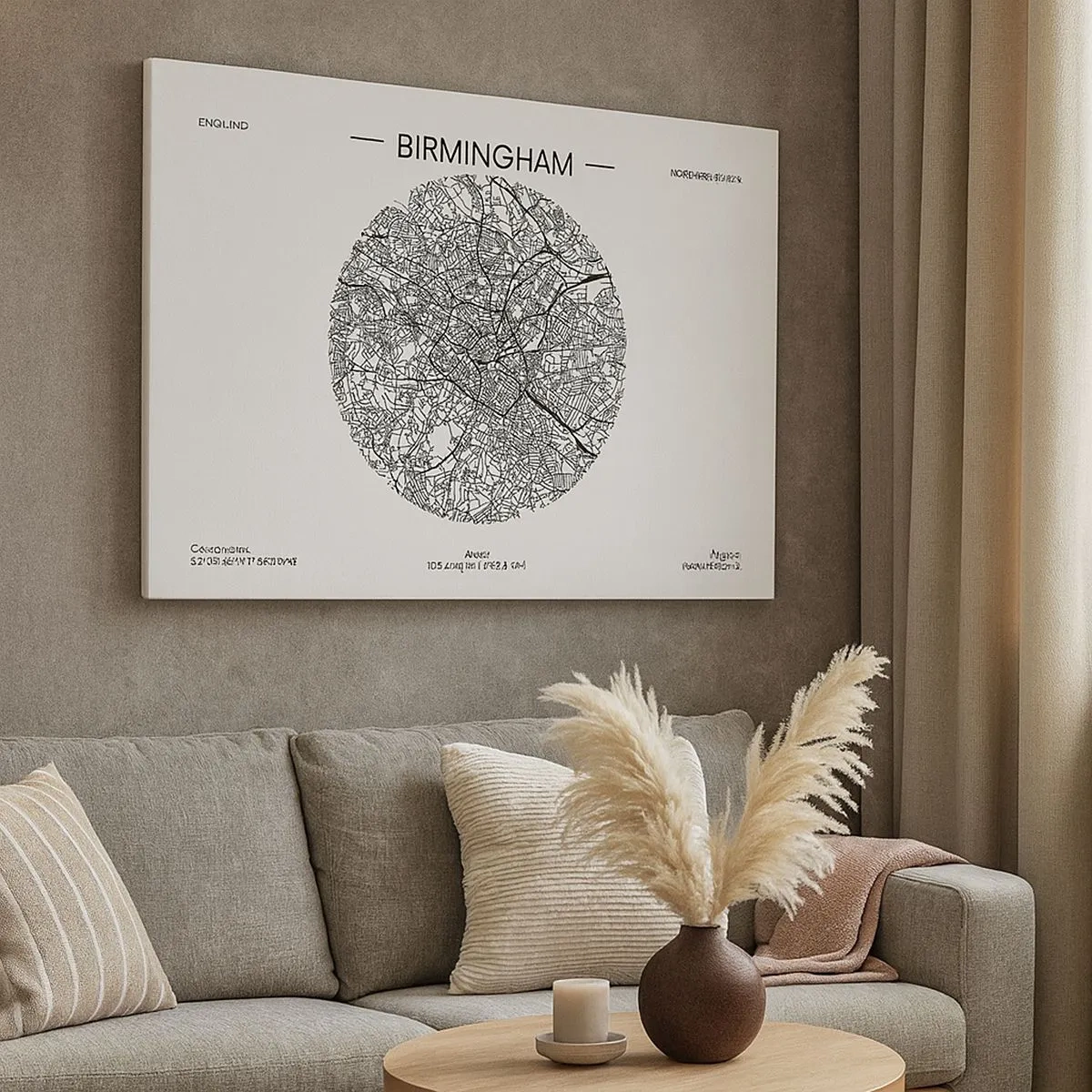 Impression sur toile - Image sur toile - Une carte minimaliste en noir et blanc de Birmingham avec des détails précis. - 70x50cm - Anatomie de Birmingham - Décoration murale moderne pour le salon et la chambre ARTTOR