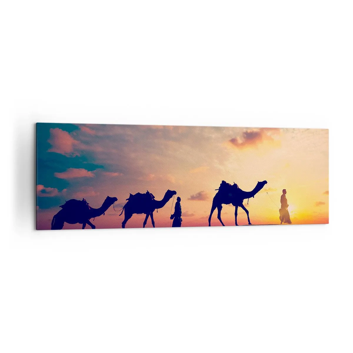 Impression sur toile - Image sur toile - Une caravane de chameaux errant dans le désert au coucher du soleil - 160x50cm - L'esprit mystérieux de l'Orient - Décoration murale moderne pour le salon et la chambre ARTTOR