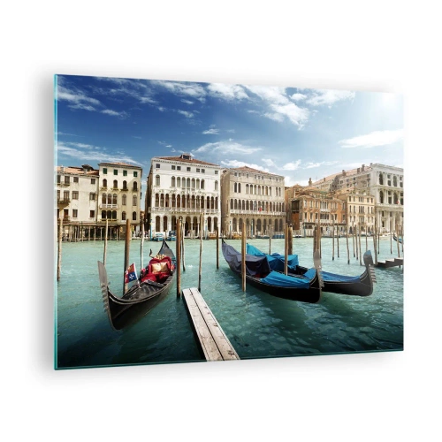 Impression sur verre - Image sur verre - Gondoles sur un canal à Venise par une journée ensoleillée - 70x50cm - Palace bleu ciel - Décoration murale moderne pour le salon et la chambre ARTTOR