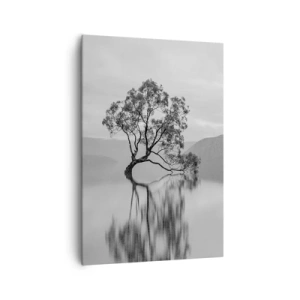 Impression sur toile - Image sur toile - Un arbre solitaire se reflétant dans l'eau avec des montagnes en arrière-plan - 70x100cm - Un tel pays existe - Décoration murale moderne pour le salon et la chambre ARTTOR