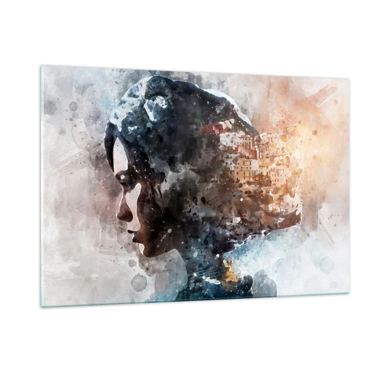 Impression sur verre - Image sur verre - Un profil de femme de style aquarelle avec une ville en arrière-plan. - 120x80cm - L'histoire d'une fille avec une ville en arrière-plan - Décoration murale moderne pour le salon et la chambre ARTTOR
