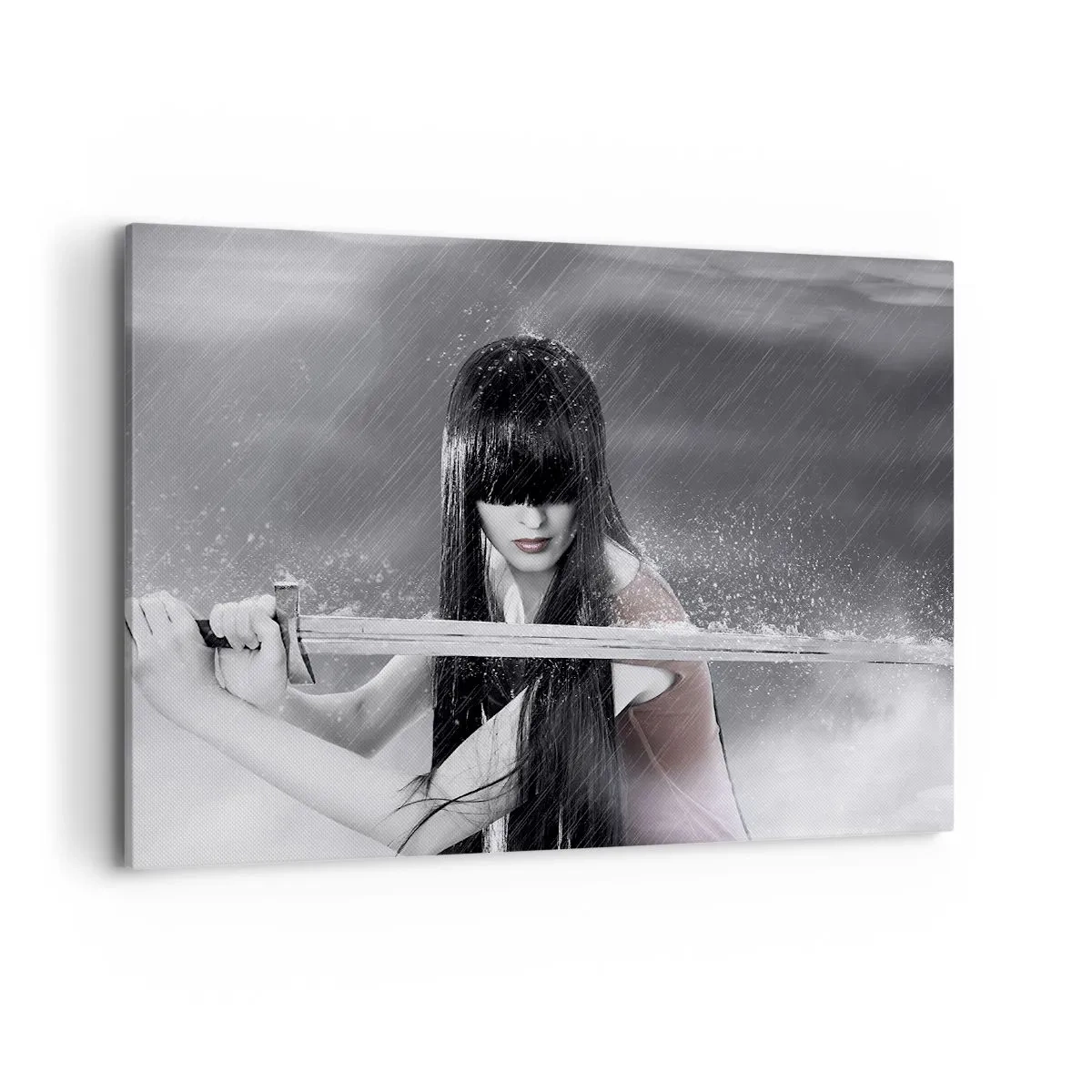 Impression sur toile - Image sur toile - Une femme avec une épée sous la pluie avec une apparence dynamique et mystérieuse - 100x70cm - Belle et dangereuse - Décoration murale moderne pour le salon et la chambre ARTTOR