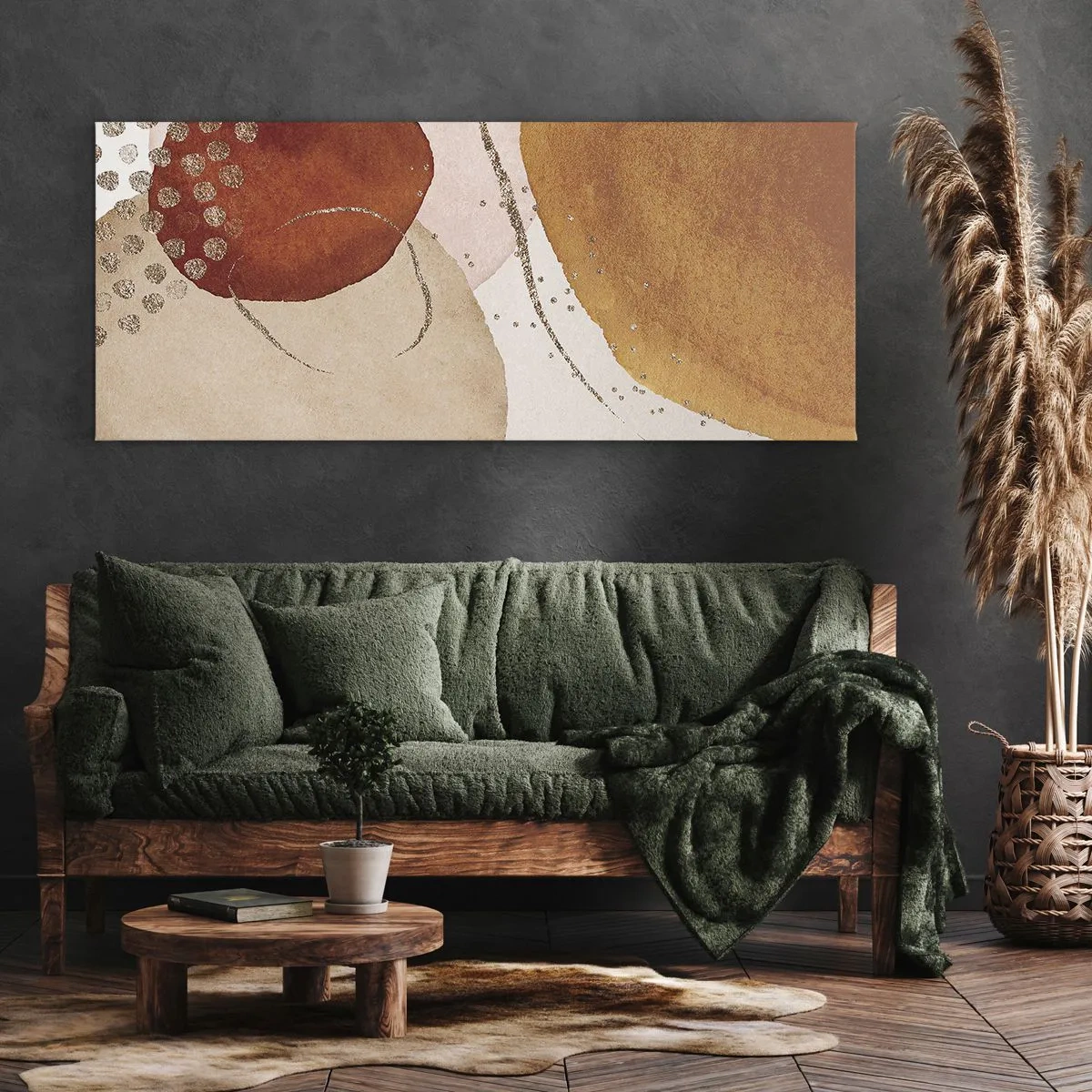 Impression sur toile - Image sur toile - Formes abstraites dans des tons chauds de marron et d'or - 140x50cm - Rondeur et mouvement - Décoration murale moderne pour le salon et la chambre ARTTOR