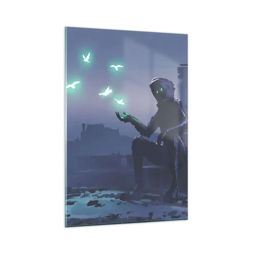 Impression sur verre - Image sur verre - Une silhouette encapuchonnée avec des oiseaux magiques en arrière-plan d'une ville - 80x120cm - La vie reviendra - Décoration murale moderne pour le salon et la chambre ARTTOR