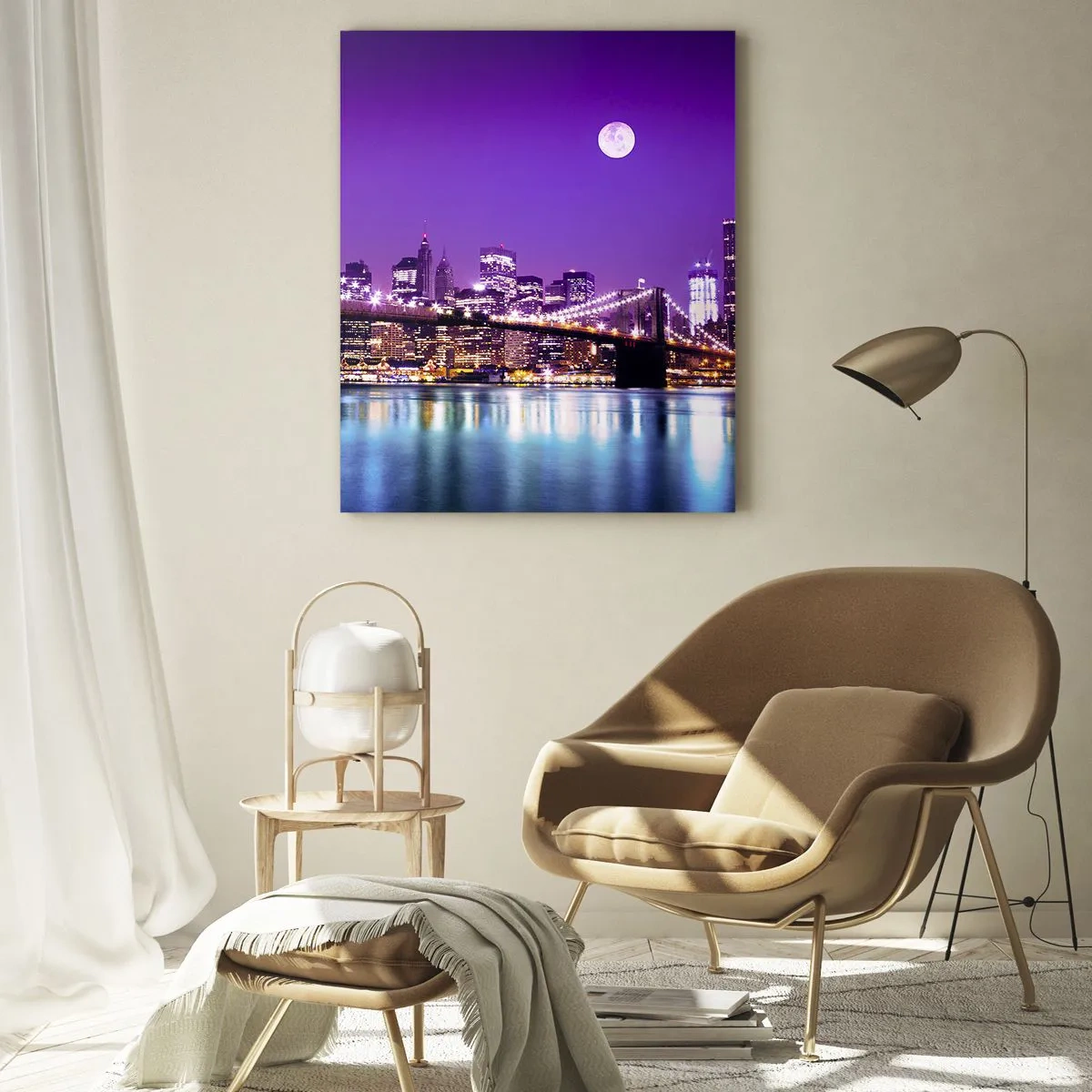 Impression sur verre - Image sur verre - Le pont de Brooklyn et Manhattan la nuit dans des tons violets - 50x70cm - Lumières de grande ville en violet - Décoration murale moderne pour le salon et la chambre ARTTOR