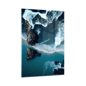 Impression sur verre - Image sur verre - Les vagues de la mer s'écrasent contre la côte rocheuse - 50x70cm - Enveloppé par les vagues - Décoration murale moderne pour le salon et la chambre ARTTOR