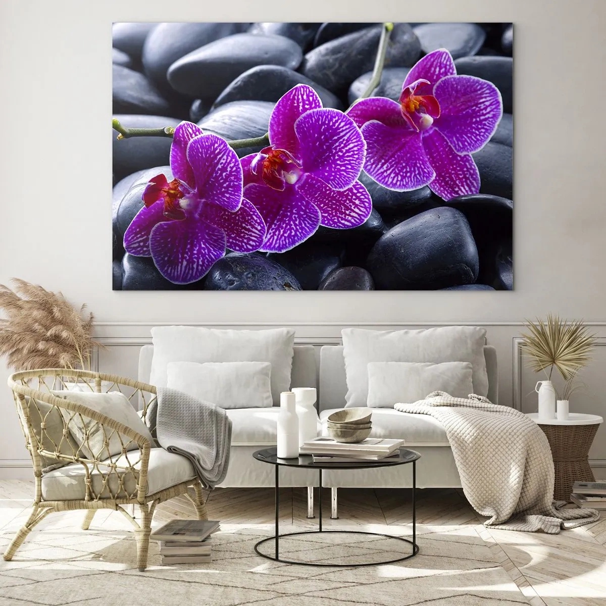 Impression sur verre - Image sur verre - Orchidées violettes sur fond de pierres lisses - 120x80cm - Les pierres brillaient de joie - Décoration murale moderne pour le salon et la chambre ARTTOR