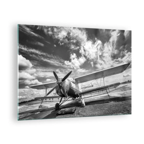 Impression sur verre - Image sur verre - Photographie en noir et blanc d'un biplan classique - 70x50cm - Je suis impatient! - Décoration murale moderne pour le salon et la chambre ARTTOR