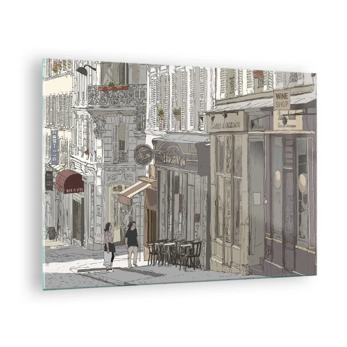 Impression sur verre - Image sur verre - Une rue avec des cafés dans un style urbain artistique - 70x50cm - Joie de la ville - Décoration murale moderne pour le salon et la chambre ARTTOR
