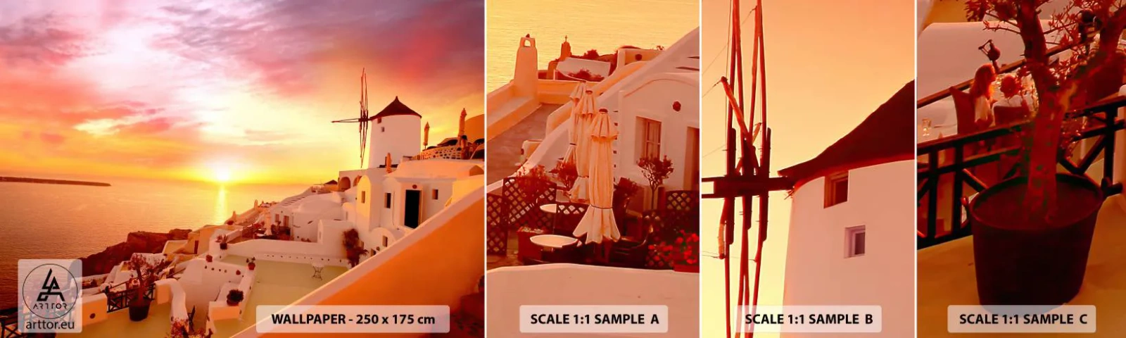 Échantillon De Papier Peint Standard Eco - Fondre en blanc et or - Paysage, Santorin, Grèce - 100x30 cm