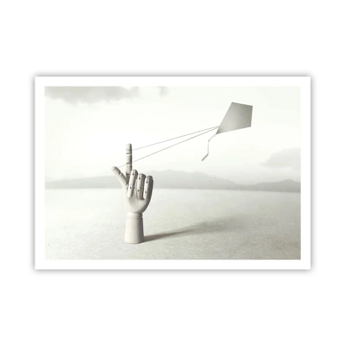 Affiche - Poster - Une main en bois minimaliste avec un cerf-volant sur un fond de paysage. - 100x70cm - Épreuve de force - Décoration murale moderne pour le salon et la chambre ARTTOR