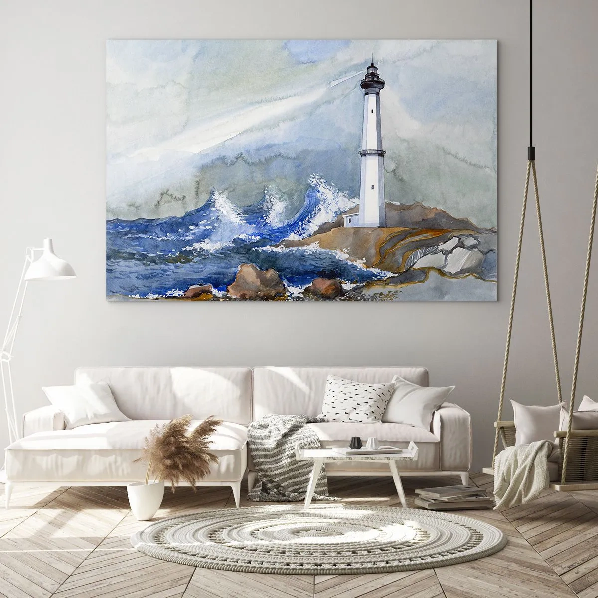 Impression sur verre - Image sur verre - Un phare au bord d'une mer agitée dans un style aquarelle - 70x50cm - Contre l'obscurité et la tempête - Décoration murale moderne pour le salon et la chambre ARTTOR