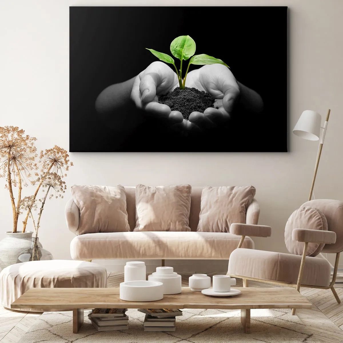 Impression sur toile - Image sur toile - Mains tenant une plante verte sur fond noir - 120x80cm - J'aime la nature, je la protège - Décoration murale moderne pour le salon et la chambre ARTTOR