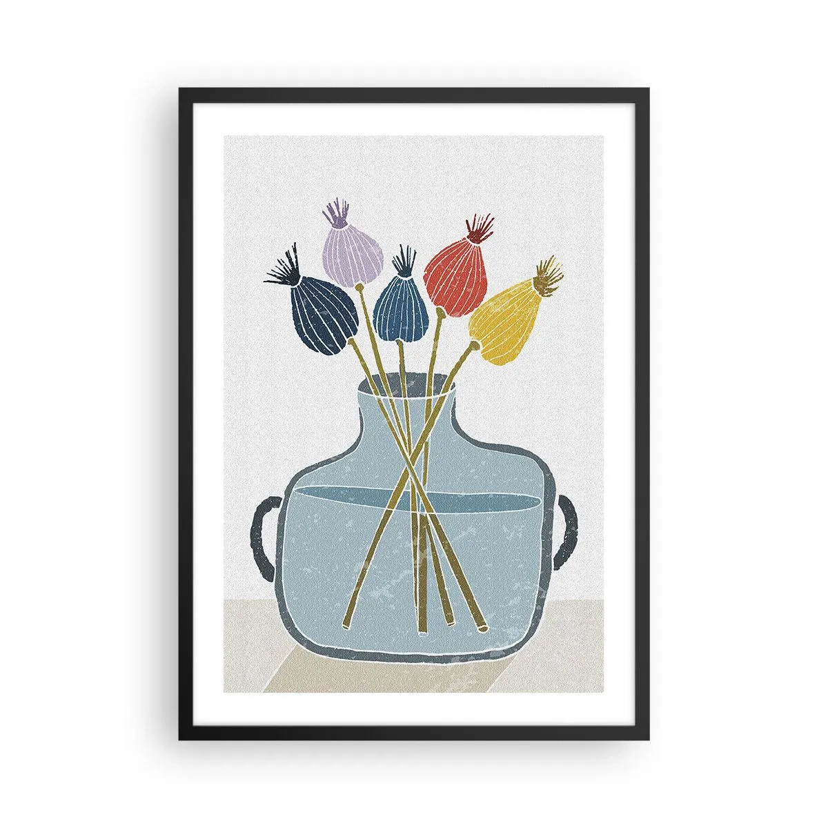 Affiche dans un cadre noir - Poster - Une composition minimaliste de têtes de pavot dans un vase en verre - 50x70cm - Comme s'il avait semé des graines de pavot - Décoration murale moderne pour le salon et la chambre ARTTOR