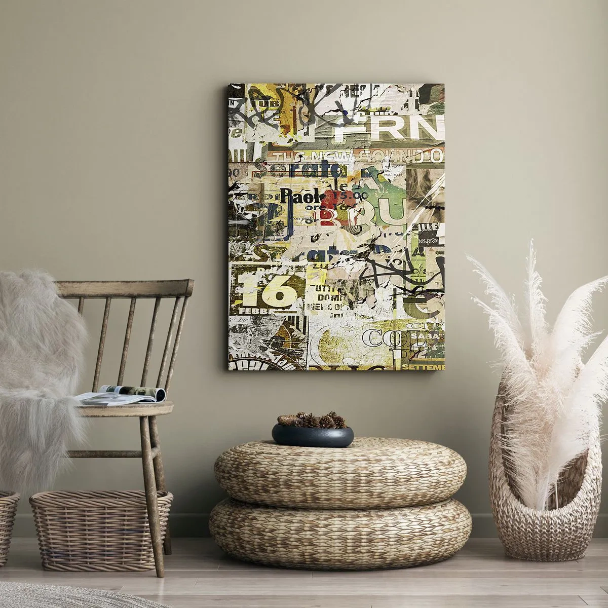 Impression sur toile - Image sur toile - Un collage de fragments de journaux et d'affiches dans un style artistique. - 70x100cm - Oh, il se passe quelque chose... - Décoration murale moderne pour le salon et la chambre ARTTOR