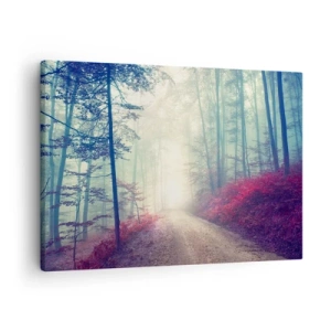 Impression sur toile - Image sur toile - Un sentier forestier magique entouré d'arbres et de brouillard - 70x50cm - Comme c'est bon de se lever à l'aube - Décoration murale moderne pour le salon et la chambre ARTTOR