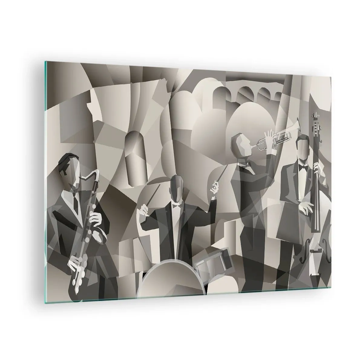 Impression sur verre - Image sur verre - Scène de groupe de jazz stylisée dans des tons monochromes - 70x50cm - Dans l'espace des sons - Décoration murale moderne pour le salon et la chambre ARTTOR