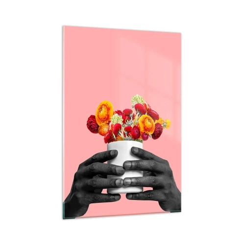 Impression sur verre - Image sur verre - Mains tenant un bouquet de fleurs colorées - 80x120cm - Apothéose de la vie - Décoration murale moderne pour le salon et la chambre ARTTOR