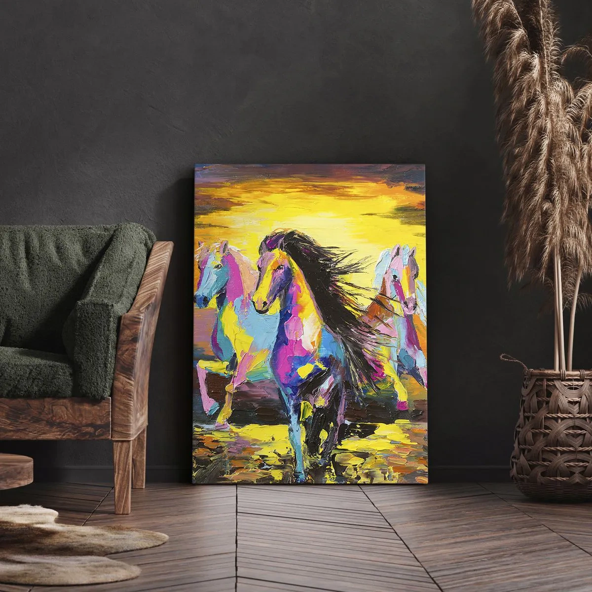 Impression sur toile - Image sur toile - Chevaux colorés galopant sur fond de soleil couchant - 50x70cm - Immergé dans l'arc-en-ciel - Décoration murale moderne pour le salon et la chambre ARTTOR