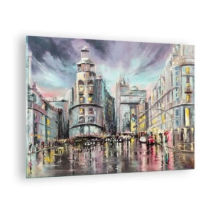 Impression sur verre - Image sur verre - Une rue de la ville sous la pluie avec un reflet spectaculaire des lumières - 70x50cm - Ce sera une soirée réussie - Décoration murale moderne pour le salon et la chambre ARTTOR