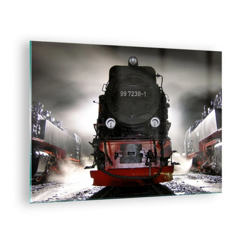 Impression sur verre - Image sur verre - Une locomotive à vapeur entourée de vapeur et de lumière - 70x50cm - Il se lève et siffle, halète et souffle - Décoration murale moderne pour le salon et la chambre ARTTOR