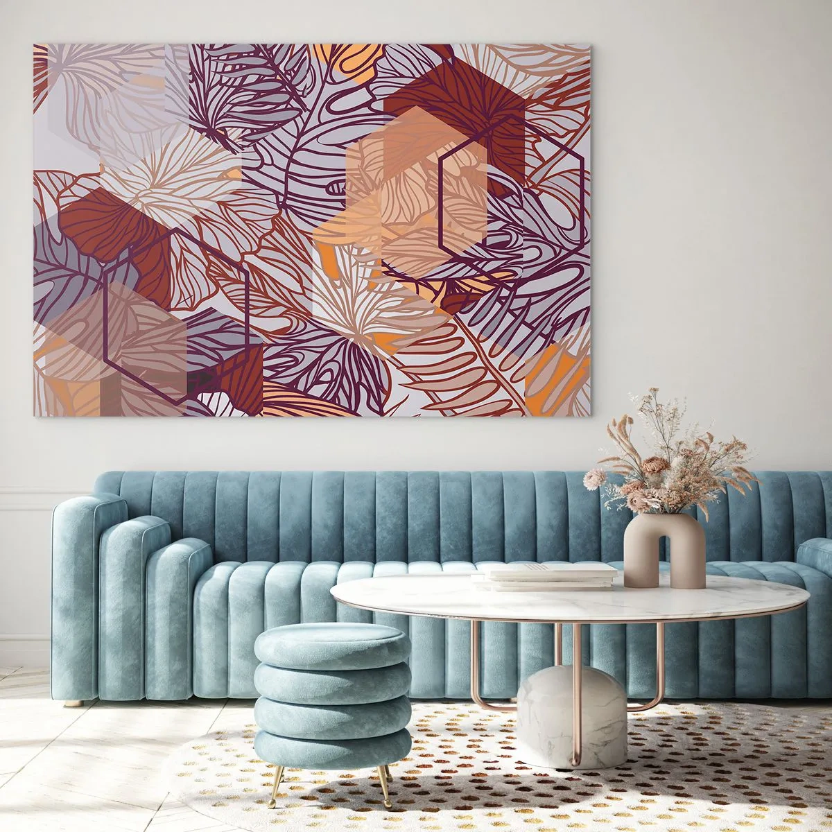 Impression sur verre - Image sur verre - Feuilles graphiques sur fond de formes géométriques - 100x70cm - Relation impossible entre la géométrie et la nature - Décoration murale moderne pour le salon et la chambre ARTTOR