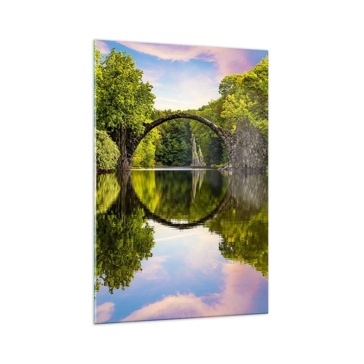 Impression sur verre - Image sur verre - Un pont de pierre sur une rivière avec un reflet parfait dans l'eau - 70x100cm - À la jonction de deux mondes - Décoration murale moderne pour le salon et la chambre ARTTOR