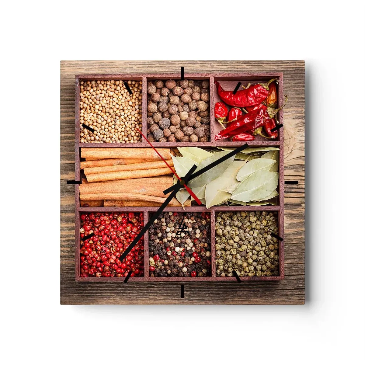 Horloge murale - Pendule murale - Boîte en bois avec diverses épices dans des compartiments - 30x30cm - Ordre des formes, bouquet d'arômes - Décoration murale moderne pour le salon et la chambre ARTTOR
