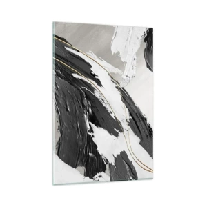 Impression sur verre - Image sur verre - Coups de pinceau noirs et blancs avec une subtile touche dorée - 80x120cm - L'abstraction à grande échelle - Décoration murale moderne pour le salon et la chambre ARTTOR