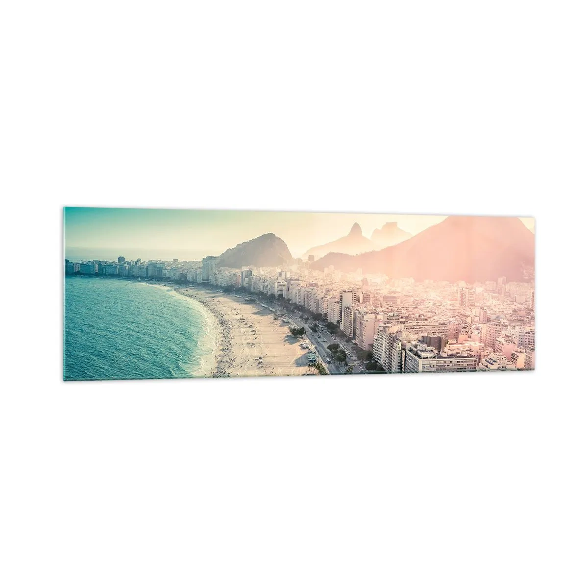 Impression sur verre - Image sur verre - Panorama de la plage de Copacabana avec les montagnes en arrière-plan à Rio de Janeiro - 160x50cm - Vacances éternelles à Rio - Décoration murale moderne pour le salon et la chambre ARTTOR