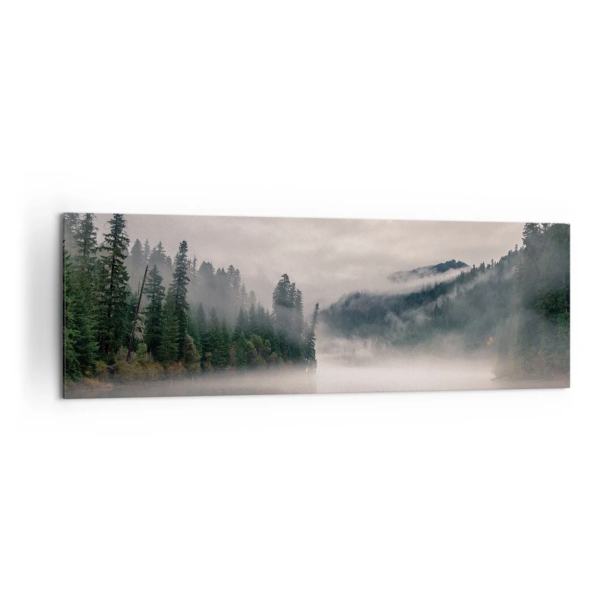 Impression sur toile - Image sur toile - Une forêt brumeuse se reflétant dans un lac calme - 160x50cm - Reflet dans le brouillard - Décoration murale moderne pour le salon et la chambre ARTTOR