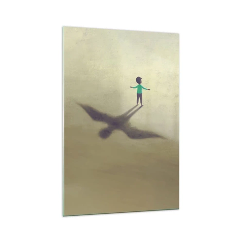 Impression sur verre - Image sur verre - Une figure symbolique d'un enfant avec l'ombre d'un oiseau sur un fond aux tons chauds. - 70x100cm - Héros du futur - Décoration murale moderne pour le salon et la chambre ARTTOR