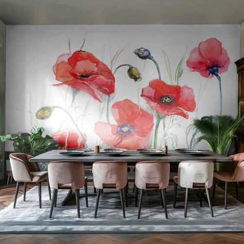 Papier Peint Photo Premium Sand - Coquelicots à l'aquarelle sur fond blanc - 100x70cm - Fleurs polonaises - Décoration murale moderne pour le salon et la chambre ARTTOR