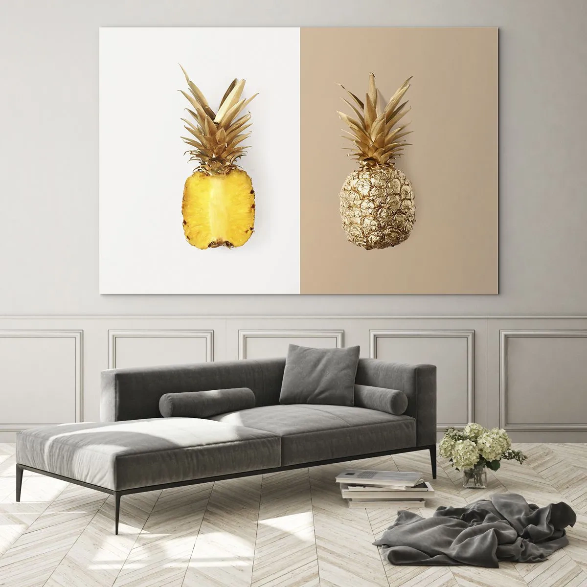 Impression sur verre - Image sur verre - Un ananas tranché et doré sur deux fonds contrastés - 100x70cm - Ananas pour nous - Décoration murale moderne pour le salon et la chambre ARTTOR