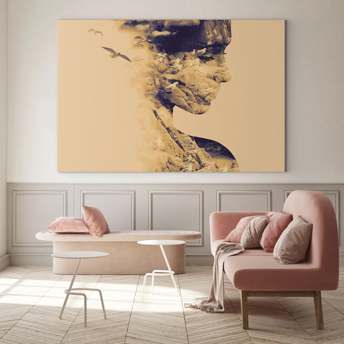 Impression sur verre - Image sur verre - Silhouette d'une femme avec un motif de paysage et d'oiseaux - 100x70cm - Beauté de la nature - Décoration murale moderne pour le salon et la chambre ARTTOR