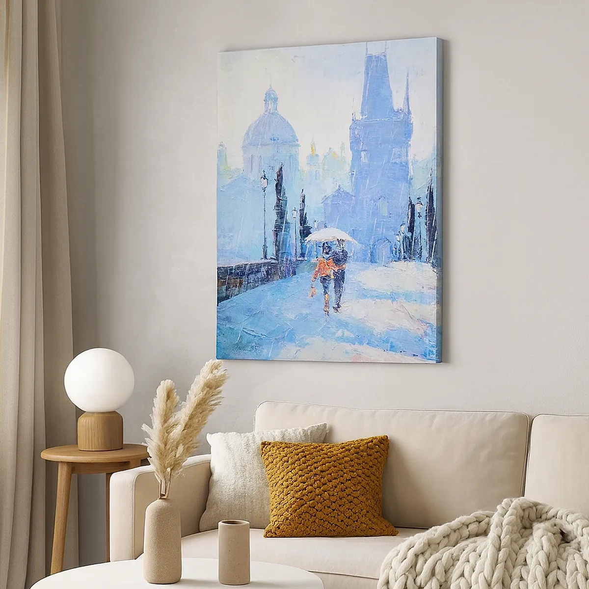 Impression sur toile - Image sur toile - Couple romantique sur un pont sous la pluie, une scène picturale - 50x70cm - La pluie a dû nous charmer - Décoration murale moderne pour le salon et la chambre ARTTOR