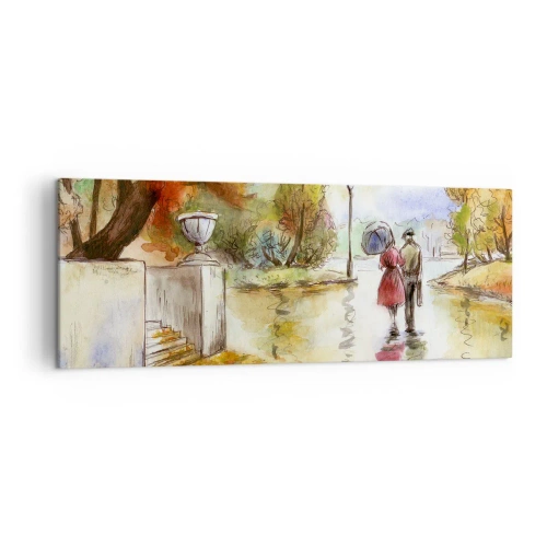 Impression sur toile - Image sur toile - Une promenade dans le parc d'automne avec un parapluie - 140x50cm - Automne romantique dans le parc - Décoration murale moderne pour le salon et la chambre ARTTOR
