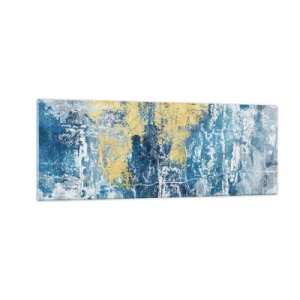 Impression sur verre - Image sur verre - Abstraction dans les tons de bleu et de jaune - 140x50cm - Abstraction du temps - Décoration murale moderne pour le salon et la chambre ARTTOR