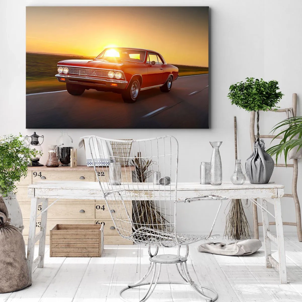 Impression sur toile - Image sur toile - Une voiture rouge au soleil couchant sur une route ouverte - 100x70cm - Le désir est de couleur rouge - Décoration murale moderne pour le salon et la chambre ARTTOR
